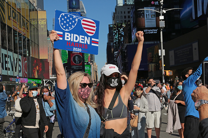 2020 Election Celebrations : New York City : Times Square : Richard Moore : Photographer : Photojournalist